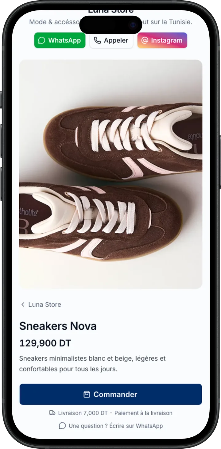 Fiche produit sur mobile : photo des sneakers, prix en dinars, et le bouton Commander avec la mention paiement à la livraison.