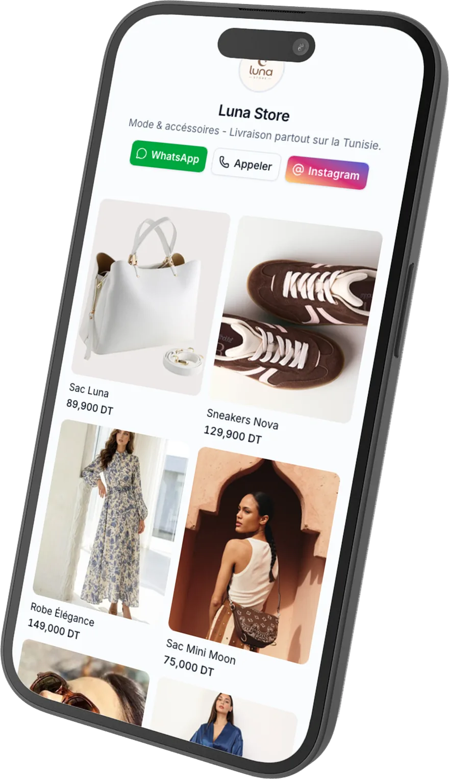 Aperçu d'une boutique sur mobile : grille de produits, prix en dinars et boutons WhatsApp, Appeler et Instagram.
